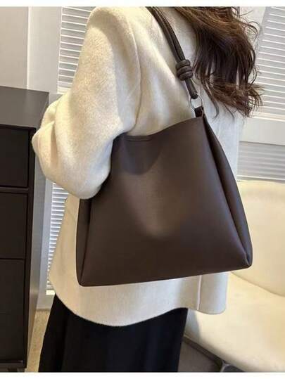 Korean Ins Popular Women's Handbag, Large Capacity New High-End Retro Fashion Niche Shoulder Bag, Commuter Tote Bag, High Quality PU Leather