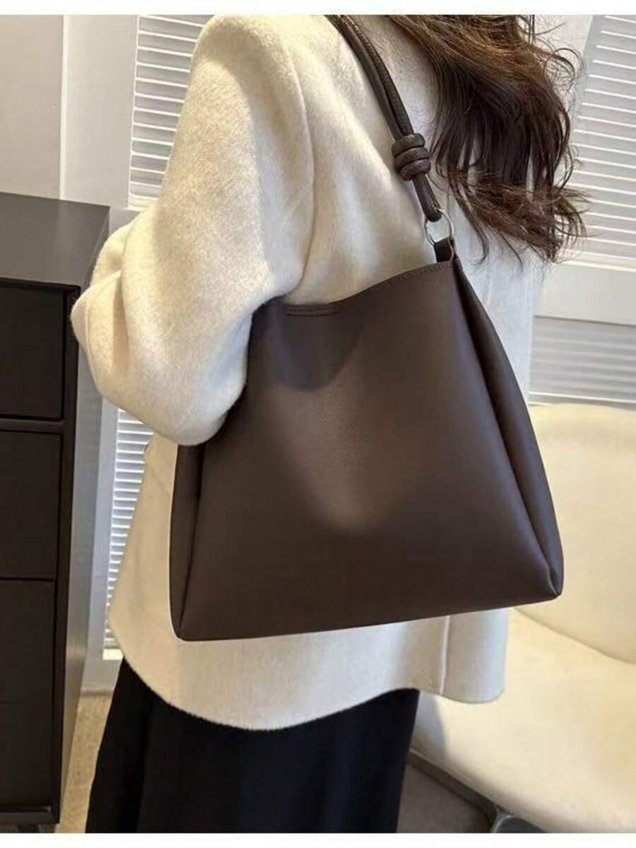 Korean Ins Popular Women's Handbag, Large Capacity New High-End Retro Fashion Niche Shoulder Bag, Commuter Tote Bag, High Quality PU Leather - Coffee Brown - View 1