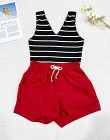 Women's Short Linen Shorts With Elastic Waistband - Red - View 1