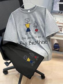2 Pieces Tween Boy Set Big Brother Stick Figure Streetwear Meme Tees Tee & Shorts Soft Comfy Summer Wear - Grey - View 1