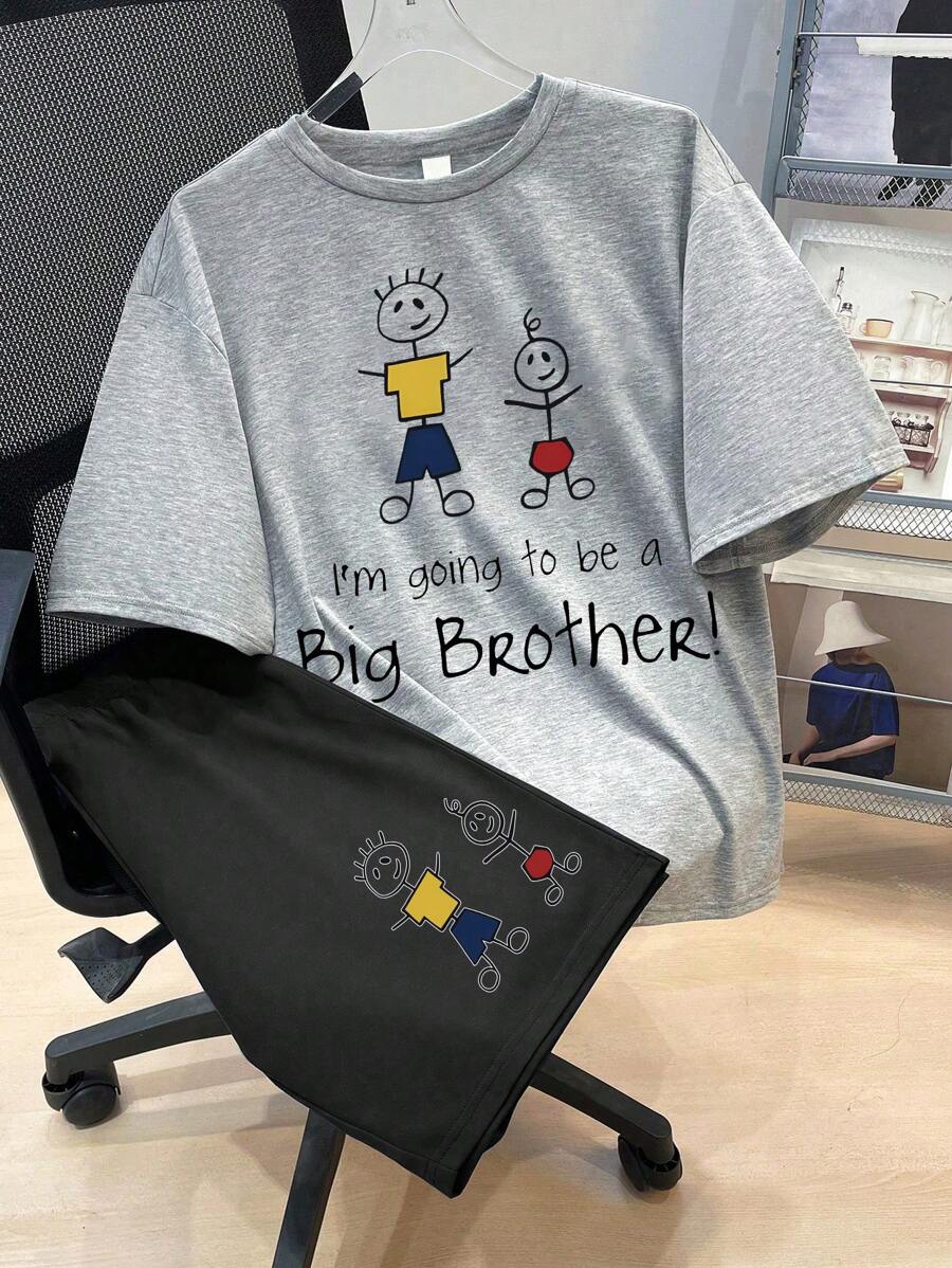 2 Pieces Tween Boy Set Big Brother Stick Figure Streetwear Meme Tees Tee & Shorts Soft Comfy Summer Wear - Grey - View 1