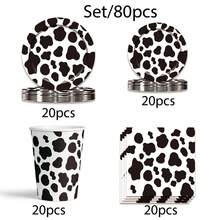 Set de 80 piezas de suministros desechables para fiesta con temática de vaca, incluye platos de 9 pulgadas, platos de papel de 7 pulgadas, vasos de papel desechables con estampado de vaca, vasos para bebidas, ideal para fiestas de cumpleaños, reuniones al aire libre y barbacoas - Blanco y Negro - Ver 5