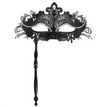 JewelryWe Jewelry Masquerade Mask Mask With Stick Venetian Lace Eye Mask Lace Mask Face Costume For Halloween Carnival Party Cosplay - Black - View 2
