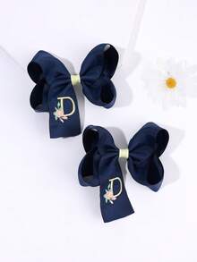 2 buah Jepit Rambut Pita Huruf Bordir untuk Kembali ke Sekolah, Aksesori Rambut Pita Inisial A-Z Warna Biru Tua untuk Anak Perempuan, Hadiah Terbaik untuk Guru dan Murid - Navy Blue - View 32