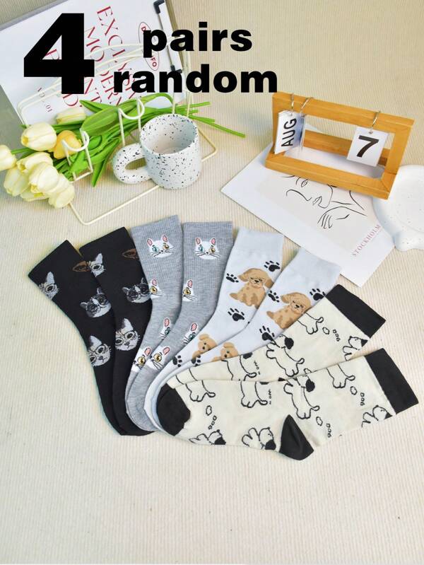 4 Pairs Women's Assorted Cat & Dog Print Mid-Calf Socks, Fashion Versatile Soft Comfortable Everyday Wear