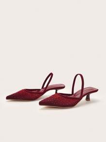 Women's Rhinestone Decor Kitten Heel, Pointed Toe Hollow Slip-On Sandals, Fashionable And Elegant Party And Formal Low Heel Shoes