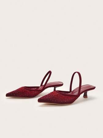 Damskor med strassdekor och kattungeklack, spetsig tå, ihåliga slip-on-sandaler, moderiktiga och eleganta fest- och formella lågklackade skor