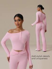 Sodalemon Women Slanted Shoulder Training Yoga Top Clothing 1 PC Long Sleeve Button Fitness Elastic Solid Color Workout Fitness T-Shirt - Pink - View 2