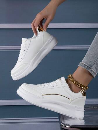 Women's Low-Top Sneakers, Breathable Casual Leather Upper Student Casual White Shoes, Soft Bottom Walking Shoes, Running Shoes