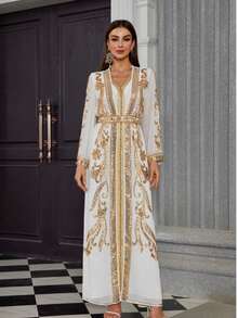 2-Piece Set Sequins & Bead Embellished Long Sleeve Elegant Jalabiya Modest Kaftan