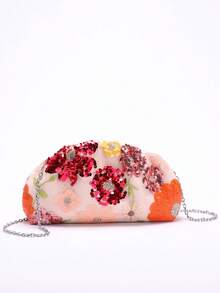 1pc Colorful PVC Sequin Flower Pattern Pink Linen Base Mesh Embroidery Ruffle Cloud Clutch Bag, Shiny Elegant Evening Bag For Casual, Holiday, Party Use (Flower Sequin Pattern Randomly Sent) - Pink - View 5