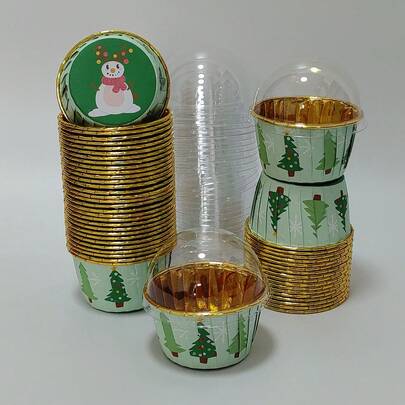 Cakegiugiu Set, 25/50/100pcsChristmas Patterned Cake Cup, 50pcs Disposable Cupcake Cups With Lids, Disposable Muffin Cups With Lids, Heat Resistant Glossy Cupcake Liners, Muffin Molds, Perfect For Christmas Day Christmas Christmas Decorations Christmas Pajamas Christmas Gifts Christmas Decor