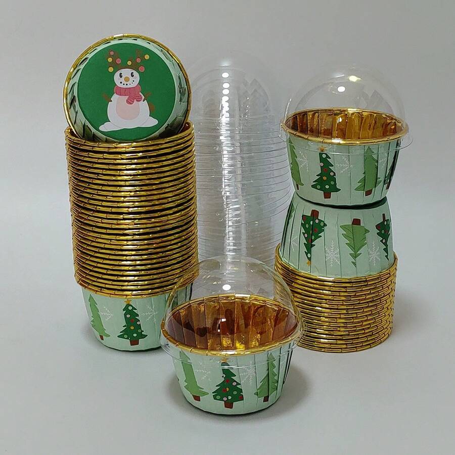Cakegiugiu Set, 25/50/100pcsChristmas Patterned Cake Cup, 50pcs Disposable Cupcake Cups With Lids, Disposable Muffin Cups With Lids, Heat Resistant Glossy Cupcake Liners, Muffin Molds, Perfect For Christmas Day Christmas Christmas Decorations Christmas Pajamas Christmas Gifts Christmas Decor - Green - View 1