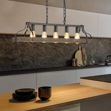 Black Gold Kitchen Island Pendant Light 5-Light Dining Chandelier, Farmhouse Industrial Retro Dining Room Lights, Iron Art Frame Adjustable Height Chain Pendant Light, E26 Base Max 60W (Bulbs Not Included), Linear Hanging Light For Kitchen Island/Dining Table/Breakfast Bar/Dining Area Home Interior Decor - 5-Ánh sáng - Xem 4