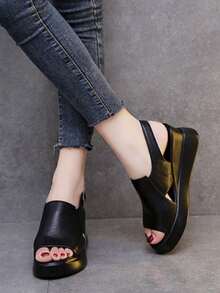 Sandalias de cuña de suela gruesa para mujer, color liso, sencillas y elegantes. - Negro - Ver 3