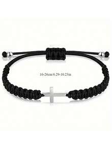 1 pieza Pulsera ajustable trenzada hecha a mano con colgante de cruz de plata con cuentas negras, adecuada para uso diario - Negro - Ver 3