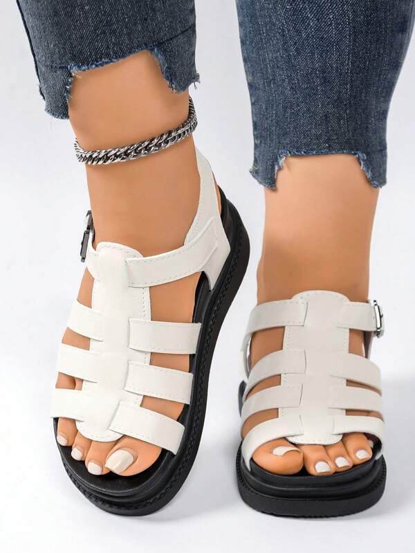 Sandalias planas para mujer, nuevas sandalias blancas con suela gruesa, sandalias estilo romano, sandalias de moda versátiles antideslizantes, sandalias casuales de verano para la playa, adecuadas para pies anchos/de talla grande