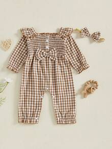 Baby Girl 2Pcs Fall Outfits Long Sleeve Square Neck Bow Front Smocked Jumpsuit With Headband Set - 咖啡色 - 查看 6