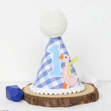 [INS Style Big Goose Theme] 1 Year Old Baby Birthday Party Decorations - Wooden Bead Tassel Garland + Cute Blue Birthday Hat, Boho Style 1st Birthday Party Props, Baby Photo Shoot Background Decor