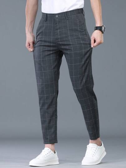 Męskie spodnie casualowe w kratę z guzikami i paskiem, lekkie i przewiewne, odpowiednie na wakacje, lato, wiosnę i imprezy, dopasowane spodnie garniturowe