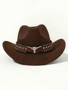 1pc Western Cowboy Hat, Unisex, With Detachable Silver Bull Head Decor Band, Suitable For Casual Everyday Wear, Holidays, And Western-Themed Parties - Multicolor - View 6