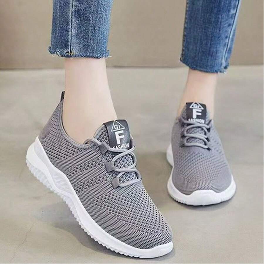 Women's Breathable Knit Slip- Shoes - Lightweight Low-Top Sneakers With Soft EVA/PVC Sole, All-Season Comfort For Walking, Jogging & Casual Wear - White, Ladies Sneakers, Round Toe Design, Cushioned Sole, Women - 灰色 - 查看 1