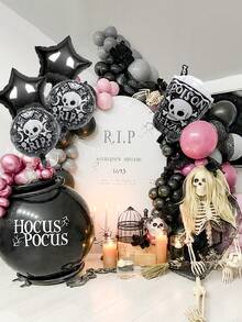 5 件万圣节套装，包含毒药、五角星、骷髅铝箔气球，适用于万圣节和亡灵节派对装饰、一般万圣节装饰、室内/室外派对、鬼屋、密室逃脱、节日装饰、万圣节气球 - 黑色 - 查看 6