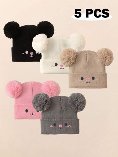 5ps Baby Boy Beanie Hat, Infant Newborn Toddler Kids Knit Cap For Little Girls With Double Pom Pom Accessories Winter Warm Hat