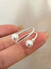 Adjustable Size Fashionable Silver Pearl Ring With Spiral Design, Stylish Accessory, Gift For Valentine's Day, Mother's Day, Birthday