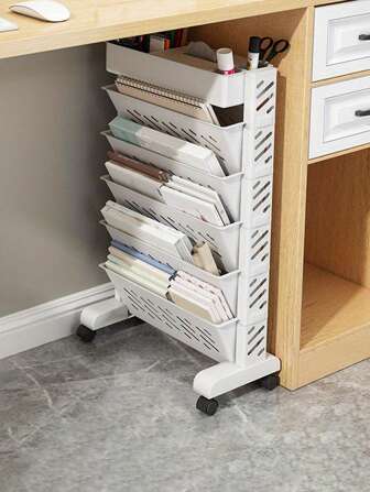 1pc Multi-Layer Mobile Desk Organizer Cart, Plastic Rolling Office File Storage Rack, Bookshelf With Wheels For Home And Office Use