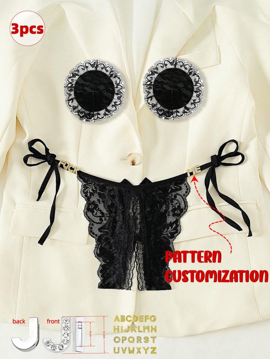 3pcs Set, Customizable Crystal Letter Round Nipple Pasties & Sexy Women's Lingerie, Sexy Lingerie & Pasties, Best Women's Intimate Apparel. Perfect Gift For Girlfriend, Wife, Family, Valentine's Day