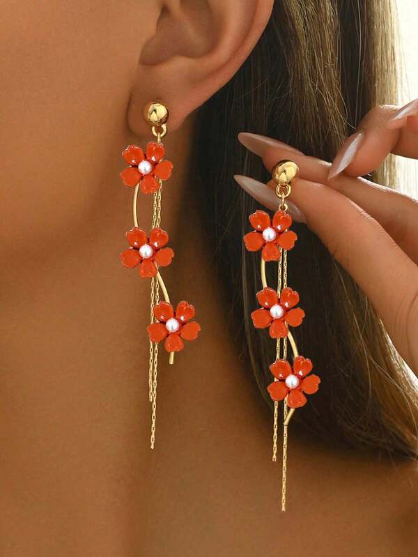 1 Pair Elegant High-End Women's Earrings, Fashion Faux Pearl Shell Warm Orange 5-Petal Flower, Pink Crystal, Faux Pearl, Tassel Long Unique Design Earrings, Suitable For Daily, All Seasons, Festivals, Charming And Versatile Jewelry