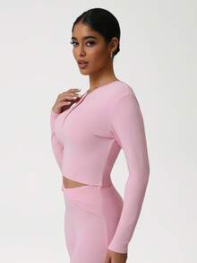 Sodalemon Women Slanted Shoulder Training Yoga Top Clothing 1 PC Long Sleeve Button Fitness Elastic Solid Color Workout Fitness T-Shirt - Pink - View 7