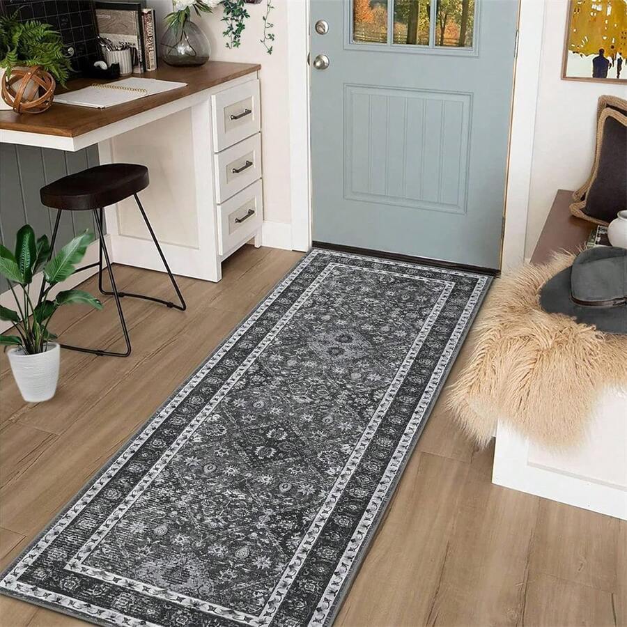 Meiyiu Washable Rug Runner Vintage Rug Traditional Rug Non-Slip Grey Runner Rugs With Rubber Backing Low-Pile Ultra-Soft Distressed Rug For Kitchen Bedroom 2x6/5x7/6x9/8x10/9x12 - Grey-2x6 Feet - View 1