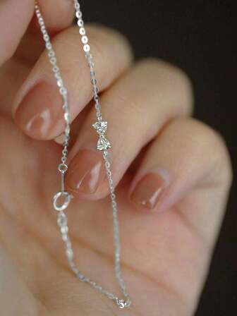1pc Sterling 925 Silver Exquisite Elegant Fashionable Cute Bow Knot Zirconia Chain Bracelet For Women Daily Wearing Friendship Jewelry Gift Accessories