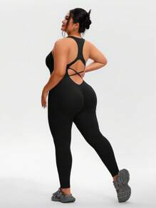 TCVC 加大码女式无袖交叉后背瑜伽连体衣，无缝针织，百搭休闲紧身塑身衣，适合瑜伽、户外运动，四季皆宜