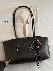 1个咖啡棕色绗缝拉链PU纯色保龄球包，大容量手提包，新款时尚复古风单肩包，适合女性日常使用，秋冬季，复古包