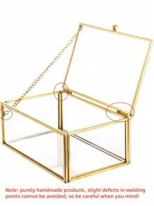 1PC Glass Jewellery Box Clear Trinket Box Vanity Rings Earrings Box Organizer Display Case Decorative Keepsake Box With Lid For Home Wedding Birthday Gift (Gold)-(Chain Style Is Random) Back To School
