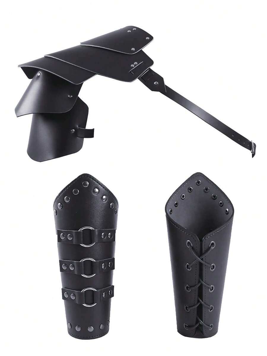 3 Stück Mittelalterliche Ritter PU Leder Armschienen Krieger Gladiator Samurai Gothic Nieten Schulter Rüstungen mit Armband Set für Halloween