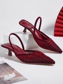 Women's Rhinestone Decor Kitten Heel, Pointed Toe Hollow Slip-On Sandals, Fashionable And Elegant Party And Formal Low Heel Shoes