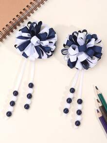 2pcs Navy Blue Fluffy Pom Pom Tassel Hair Clips, Suitable For Girls, Navy Blue & White Satin Ribbon Fluffy Pom Pom Alligator Clips With Beaded Tassel, Adorable Pom Pom Flower Tassel Hair Clips, Back To School Gift, First Day Of School Hair Clips, Teens Hair Accessories - Blue and White - View 6