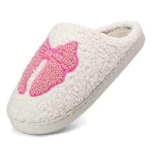 Womens Memory Foam Bow Slippers Slip On Plush Fluffy Warm House Slippers Winter Women Shoes - 粉色 - 查看 4