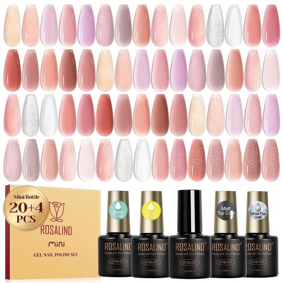 ROSALIND 24 Pcs Jelly Gel Nail Polish Set Long Lasting 20 Bottle Sheer Nude Pink Shade UV Gel Polish With 4 Bottle Base Top Coat Matt Glitter Top Coat Gel Nail Kit For Women Girls DIY Nail Art Design - RRTC24-013 - 查看 1