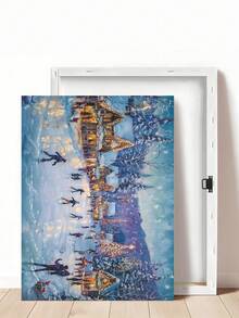 1pc Vintage Christmas Wall Art Christmas Snow Landscape Village Night Stars Poster Canvas Prints Painting Modern Winter Home Decoration, Ice Skating Oil Painting Horizontal Print Winter Night Canvas Wall Art Mountain Village Decor Christmas Decorations Room Decor