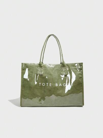 大容量透明果冻手提袋，带材质提手，字母图案装饰，防水韩版男女通用手提包，女士休闲手提包，复古休闲街头风手提包，日系休闲风，适合学生、健身、瑜伽和旅行，妈妈包，简约星形设计，绉纸材质，复合纸