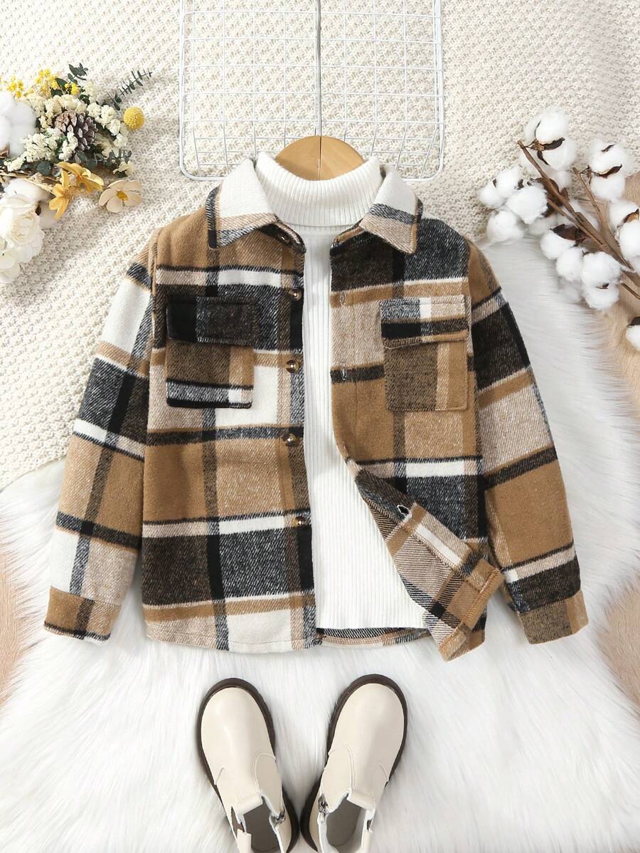 男童优雅法式格纹梭织长袖纽扣衬衫，秋冬款