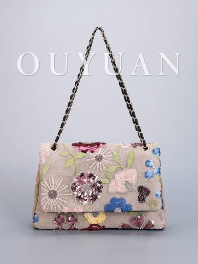 Bolso de hombro con cadena para vacaciones de verano, bolso cruzado de mujer con bordado de lentejuelas y flores, bolso de hombro de lino con patchwork de colores, adecuado para fiestas, días festivos, regalos del Día de la Madre, cruceros, playa, , festivales de música, temporada de bodas, citas, compras, uso diario. (La posición del patrón es aleatoria)