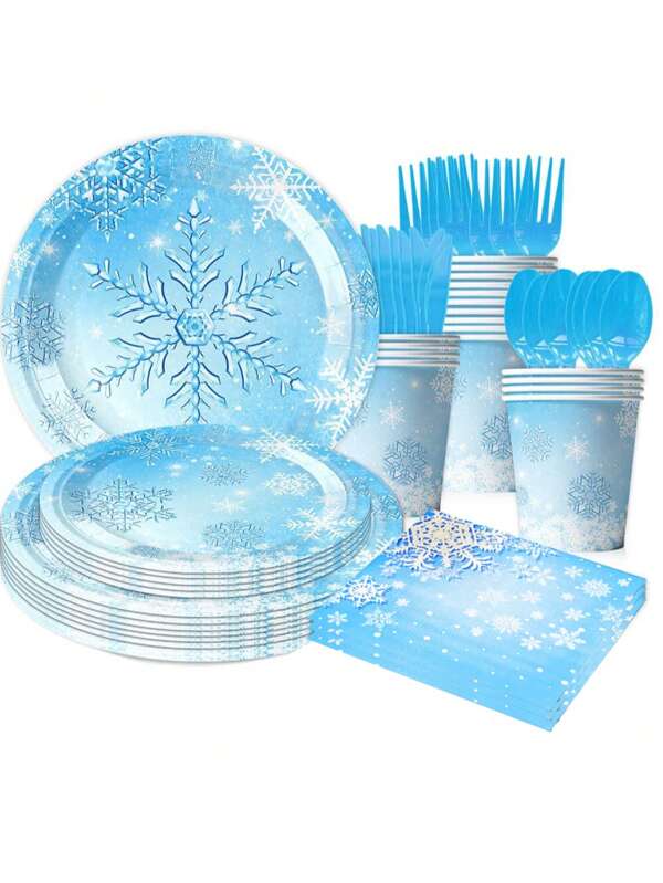 80pcs Winter Blue Snowflake Theme Party Supplies Set, Including 7"/9" Party Paper Plates, Napkins, Cups With Different Snowflake Patterns, Suitable For Birthday, Valentine's Day, Family Gathering, School Reunion, Picnic, New Year