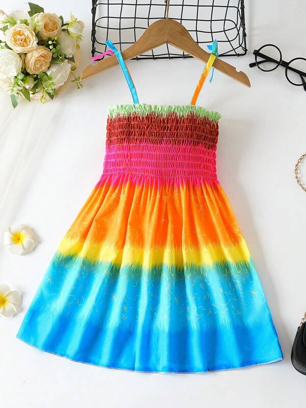 Young Girl's Dress With Colorful Striped Pattern And Beach Strap Skirt