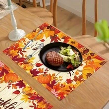 1 pieza/4 piezas/6 piezas Manteles individuales de lino con estampado de calabaza, decoración de Acción de Gracias, adecuados para mesa de comedor, todo el año, manteles de mesa modernos lavables, decoración del hogar, manteles individuales, posavasos, alfombrillas de cocina y comedor, decoraciones de fiesta interior y exterior, regalo ideal